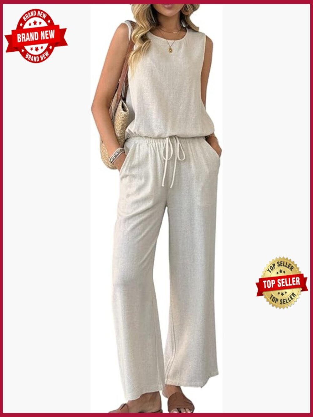 Linen 2 Piece Outfits Sleeveless Tank and Wide Leg Pants Set Tracksuit Vacation